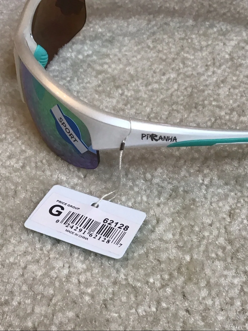 Piranha Sunglasses, White/Teal with Rainbow Mirrored Lenses, 100% UVA/UVB Protct